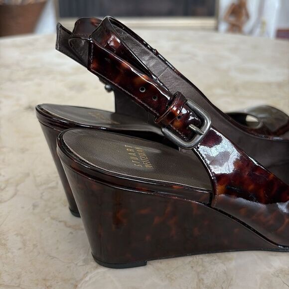 Stuart Weitzman Tortoise Shell Patent Leather Peep Toe Wedge Slingback Heels - Picture 8 of 13